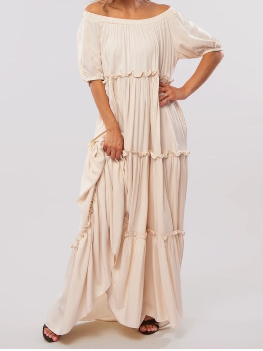 Women's Cream Maxi Tiered Boho Dress